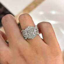 Two-Piece Engagement And Proposal Rings, A New Shiny Square Princess Ring Set With Synthetic Zirconia As A Valentine's Day And Christmas Gift - silvery - View 10