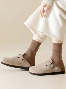 1/6 Pairs Women Melon Color Solid Cuffed Simple Versatile Comfortable Elastic Casual Socks, Suitable For Home, Spring/Autumn/Winter, Thermal Lined Mid-Calf Socks