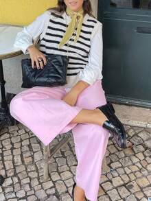 EAVA Fashionable Women's Round Neck Rib-Knit Sweater Vest Stripe Pattern Regular Length Knit Top