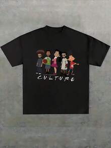 Women's Casual Cartoon Culture Graphic T-Shirt - Short Sleeve Crew Neck, Polyester, Machine Washable, Spring/Summer Top, Ladies T Shirts - 黑色 - 查看 1