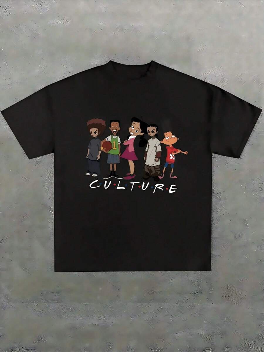 Women's Casual Cartoon Culture Graphic T-Shirt - Short Sleeve Crew Neck, Polyester, Machine Washable, Spring/Summer Top, Ladies T Shirts - 黑色 - 查看 1