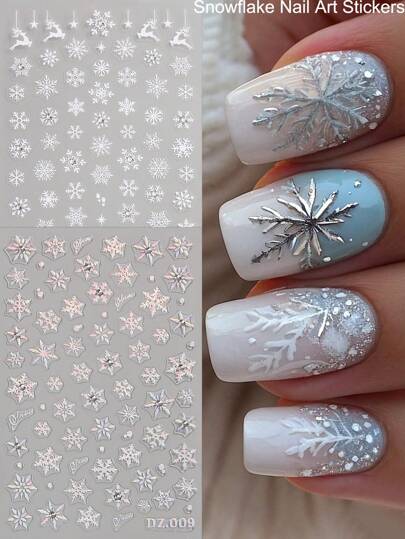 白色雪花美甲贴纸，简约纯色多雪花图案设计，自粘式梦幻主题美甲装饰，激光闪亮矩形一次性美甲装饰，适合冬季和新年美甲贴纸