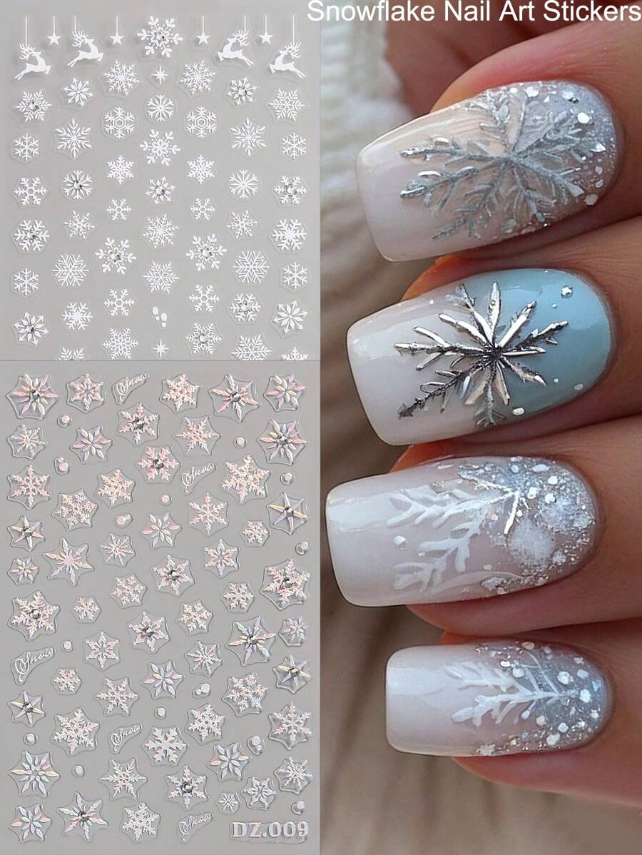 白色雪花美甲贴纸，简约纯色多雪花图案设计，自粘式梦幻主题美甲装饰，激光闪亮矩形一次性美甲装饰，适合冬季和新年美甲贴纸 - 彩色 - 查看 1