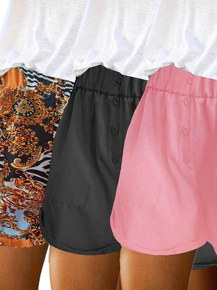 Three-Pack Women's Shorts Summer Casual Elastic High Waist Comfortable Light Breathable Fabric Shorts With Pockets - 混合色1 - 查看 1