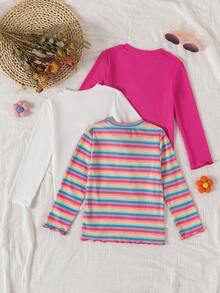 3pcs Young Girls Casual Ribbed Long Sleeve Floral Top + Colorful Ribbed Long Sleeve Set - Nhiều màu - Xem 2
