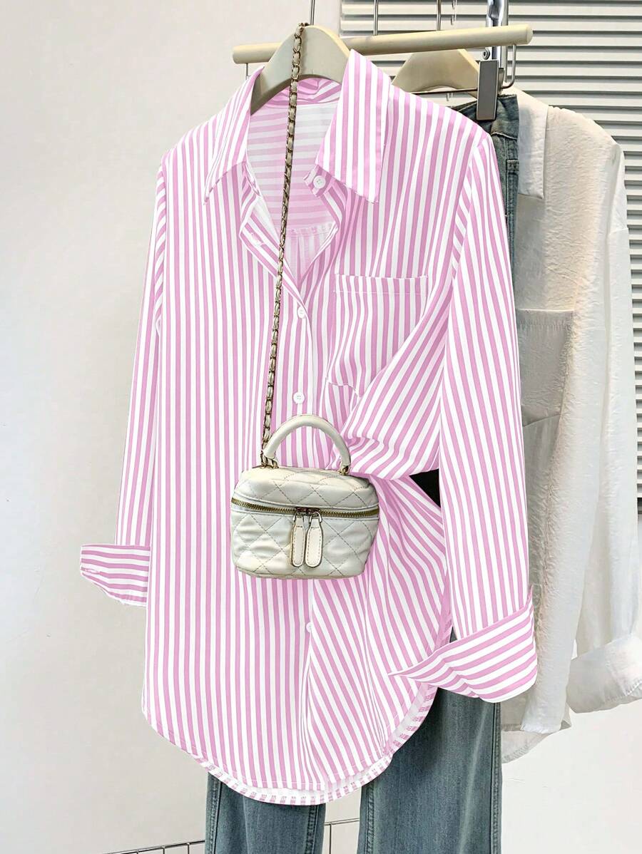Blusa de mujer de manga larga con cuello puntiagudo y bolsillos con botones, a rayas, de estilo casual básico, adecuada para uso diario en la oficina, otoño/invierno/primavera - Rosa - Ver 1