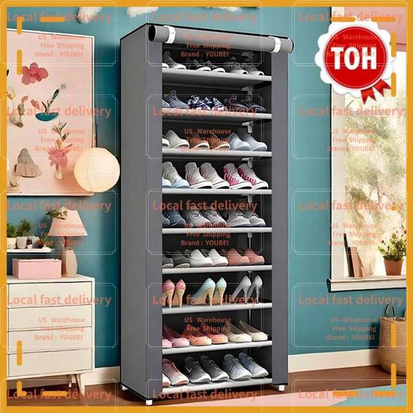 Local Devery-YOUBEI-1 Piece 10 Layer Shoe Cabinet With Dust Cover, Non Woven Fabric Space-Saving Shoe Rack, Large Capacity, Easy To Assemble, Portable Shoe Cabinet, Suitable For Various Scenes, Storage Racks, Home And Dormitory Storage