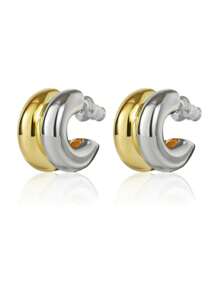 Women's Two-tone Plated 18k Gold Hoop Earrings, Low Sensitivity, Fashionable Two-tone C-shaped Classic Earrings For Women