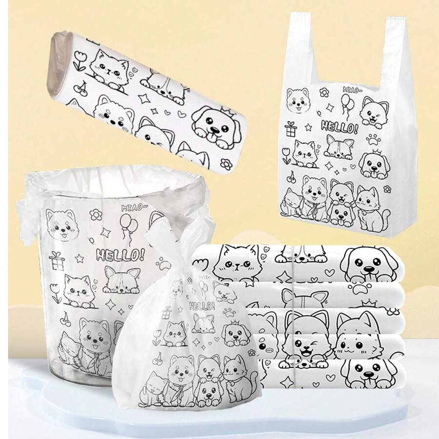 Bolsa de basura con estilo de chaleco, bolsa de plástico con estampado de perro lindo de dibujos animados, adecuada para estudiantes universitarias, bolsa de almacenamiento para niños, apta para el hogar, sala de estar, dormitorio, cocina, baño (2 piezas)