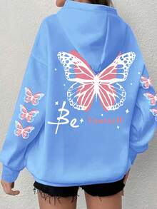 Women's Plus Size Butterfly Hoodie - Grey Base With Pink Trim, "Be Yourself" Print, Comfortable Pullover Hoodie, Suitable For Autumn/Winter Wear - Blue - View 1