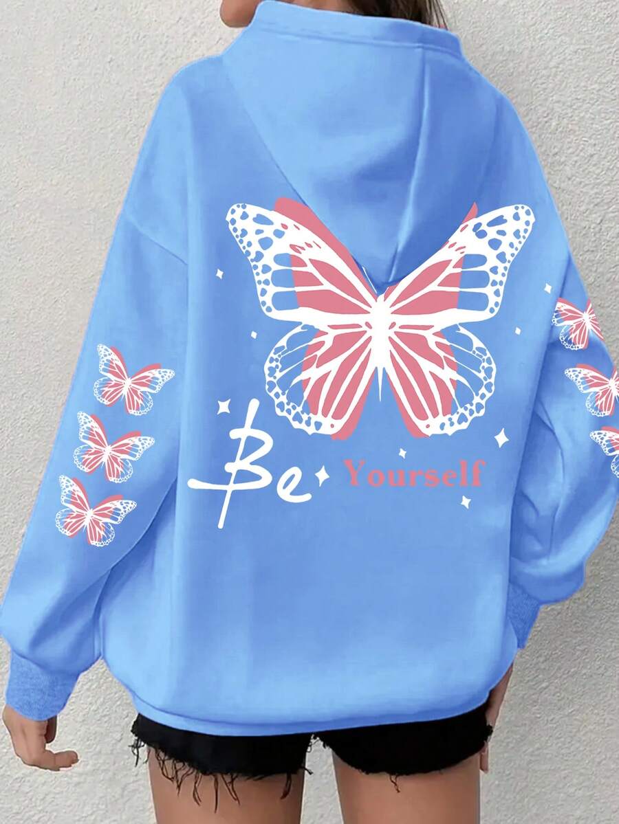 Women's Plus Size Butterfly Hoodie - Grey Base With Pink Trim, "Be Yourself" Print, Comfortable Pullover Hoodie, Suitable For Autumn/Winter Wear - Blue - View 1