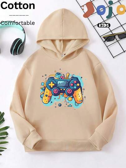 Creative Casual Minimalist Boys' Cotton-Padded Drop-Shoulder Comfortable Curve Oversize Sweatshirt Versatile Hoodie Round Neck Loose Street College Style Children's Clothing Drape Soft Long-Sleeved Top New Series Sweatshirt, Cartoon Game Controller Pattern Printed Top