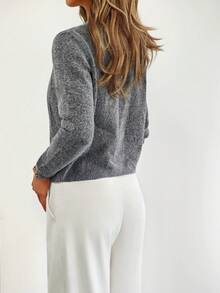 Casual Solid Color Minimalist Single-Breasted Crew Neck Cardigan Sweater, New Autumn Series, Women Autumn Apparel - Grey - View 2