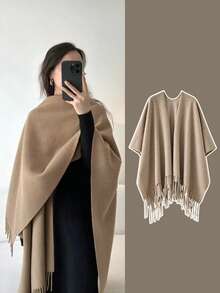 1 件优质仿羊绒燕麦色超大披肩开衫，女士冬季保暖围巾 - 米色 - 查看 1