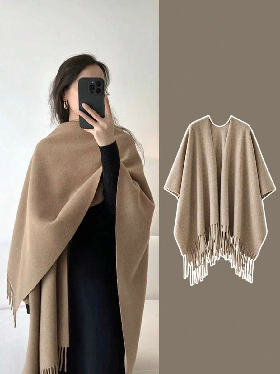 1 件优质仿羊绒燕麦色超大披肩开衫，女士冬季保暖围巾 - 米色 - 查看 1