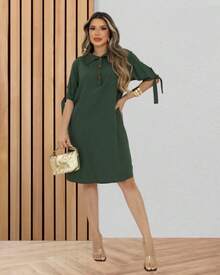 3/4 Sleeve Loose Shirt Dress With Button And Adjustable Sleeve Elegant Fashion - 軍綠色 - 查看 3