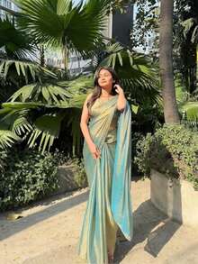 Estationeryhouse Designer Shiny Two Tone Soft Tissue Silk Saree With Antique Embroidered Border, Blouse Piece Included - 綠色 - 查看 4