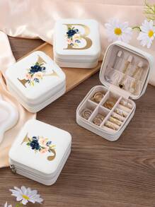 1pc Floral Rose Initial Jewelry Box, A-Z PU Leather White Portable Travel Jewelry Box, Black Jewelry Storage Box, Pink Mini Portable Zipper Jewelry Box, Necklace, Ring Pendant, Bracelet, Earring Storage Box, Jewelry Packaging Box, Suitable For Mother's Gift, Wedding Gift, Bridesmaid Gift, Anniversary Gift, Christmas Gift And Girlfriend's Boutique Gift. - Multicolor - View 3