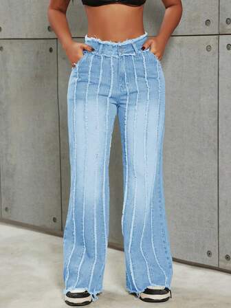 Y2K Street 水洗牛仔裤斜口袋做旧磨边缝线毛边阔腿牛仔裤休闲舒适高品质办公室秋季女士