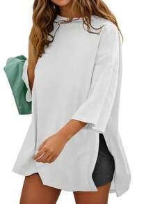 Fisoew Women's Oversized T Shirts Casual 3/4 Sleeve Side Slit Workout Gym Loose Fit Summer Tee Tunic Tops - Y2K Streetwear Basic Fashion Comfort Fit Plus Size - 白色 - 查看 1
