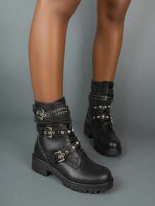 Women's Thick Sole Ankle Boots With Rhinestone Studs, Motorcycle Boots, Gothic Punk Style With Metal Decoration Chain And Zipper - Black - View 4