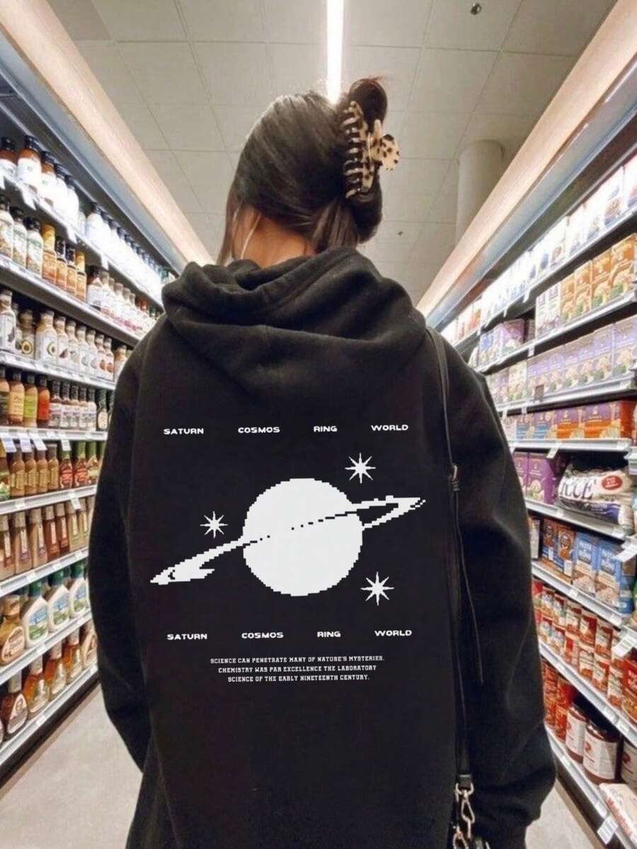 女款冬季行星與標語圖案長袖抽繩連帽衫,附口袋,休閒寬鬆百搭度假風上衣,時尚冬季款 - 黑色 - 查看 1