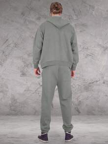 LoveMyFashions Men's 2pcs Set Tracksuit Full Sleeve Solid Color Drawstring Waist Zip Up Hoodie & Sweatpants Two Pieces Set With Pockets - Khaki/Red - View 5