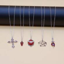 5pcs Y2K Vintage Gothic Punk Rock Style Bat, Gemstone, Bat Cross, Coffin, Arrow Through Heart, Red Heart, Star Pendant Necklace Set, Stainless Steel Chain, Ins Hipster Bohemian Love Lock Charm Necklaces