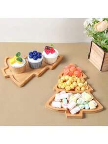1pc Christmas Tree Wood Tray, Available In 2 Styles: 3-Compartment 27.5*20cm And 1-Compartment 28*20cm, Home Christmas Decor, Christmas Kitchen Tabletop Decor, Christmas Decoration, 2024 New Christmas Dinnerware. Used For Serving Food, Snacks, Beverages, Sushi, Steak, Pizza, Desserts, Cakes And Breads, Breakfast Tray, Coffee Tray, Tea Tray, Charcuterie Board, Easy-Carry Recessed Handles, Household Kitchen Supplies, Christmas Decor Tray, Christmas.