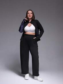 Women's Plus Size Casual Soft Jogger Pants, Loose Wide Leg Trousers For Running, Fitness, Yoga, Fashion Daily Outdoor, Elastic Waist With Pockets, Autumn/Winter - Black - View 5