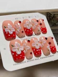 10pcs Nail Tips, Handmade Full Cover French Manicure In Square-Shaped Medium-Long Length, Cute Red Polka Dot French, 3D Hand-Painted Floral Design, 3D Insects, Natural Nude Base, 2.5cm Square Duck Mouth Shape, High-End Minimalist Vacation Style, 3D Carved Elegant Nails, Cute Hot Girl Nails, Suitable For Women And Girls For Daily And Party Wear, Full Cover Press-On Nails Long (Packaging Card Random) - Multicolor - View 2
