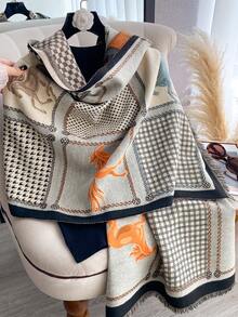 1pc Houndstooth & Horse Pattern Jacquard Knit Scarf, High-Quality Warm Scarf For Women, Suitable For Air-Conditioned Rooms, Fashion Versatile Neck Warmer For Autumn/Winter Women Winter Scarves For Dress - Multicolor - View 2
