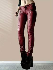 Red PU Leather Women's Skinny Pants Long With Button Pocket Zipper Details Plain Pattern Non-Stretch Fabric For Casual And Party Style - 紅色 - 查看 5