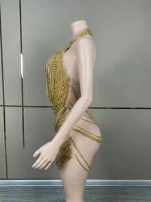 Fashion See Through Nude Mesh Women Dress Shiny Golden Chain Dress Party Bar Wear Singing Stage Performance Costume - 裙子 - 查看 5