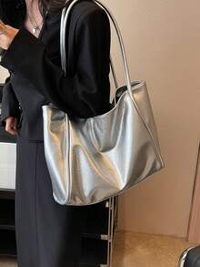 时尚纯色褶皱纹理设计女士手提包，休闲百搭夏季新款单肩包，校园风学生单肩包，适合大学生日常通勤和购物，轻便大容量学生手提包 - 銀色 - 查看 4