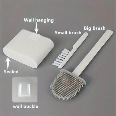 一套浴室二合一马桶刷套装，包含硅胶清洁刷、带收纳盒的壁挂支架、柔软刷头、长柄设计，多功能清洁套装，适用于浴室和卫生间。