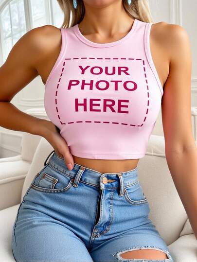 Regata Feminina Plus Personalizável - Adicione sua própria foto/texto (Foto da família/Selfie/Declaração/Diário), Crie sua própria regata personalizada impressa, Moda, Hip-Hop, Top Feminino Único, Pode ser usado como presente para sua namorada, família, amigos, filhos, etc. Sinta-se à vontade para brincar com seu design