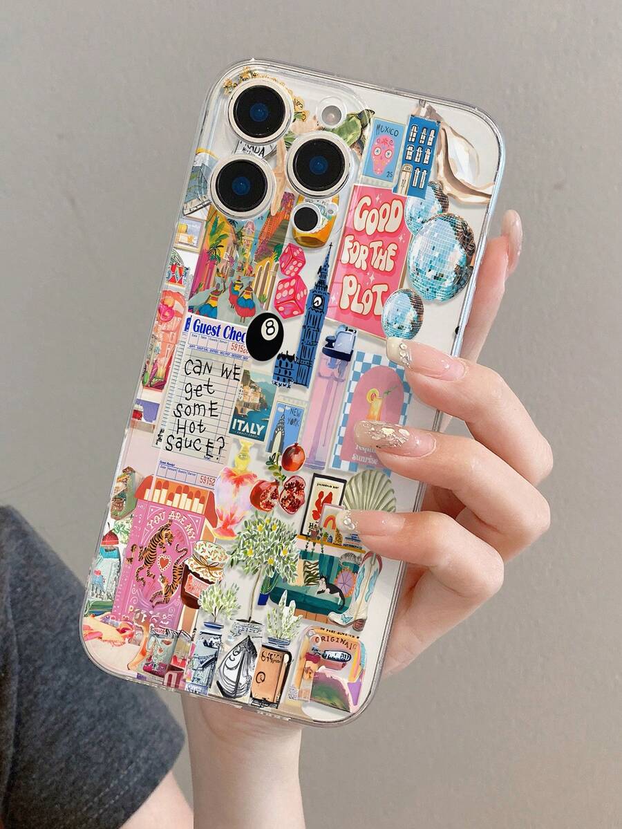 1 件时尚台球大楼字母鸡尾酒图案透明 TPU 全身防摔防指纹手机壳，适用于 Apple XS/XS Max/XR/11/12/13/14/14 Plus/15/15 Plus/16/16 Plus/7/8 Plus 等型号 - 彩色 - 查看 1