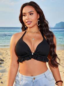 Swim Lushoire Plus Size Basic Triangle Bikini Top, Minimalist Style For Vacation - Black - View 5