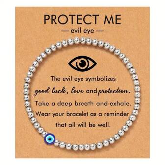 Evil Eye Lucky Protection Bracelet With Blessing Card - Silvery Beaded, Adjustable Elastic, Minimalist Design For Mom, Grandma, Daughter, Sister - Daily Occasion Gift, All Seasons, Everyday Bracelet | Minimalist Bracelet | Elastic Bracelet