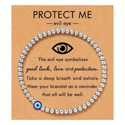 Evil Eye Lucky Protection Bracelet With Blessing Card - Silvery Beaded, Adjustable Elastic, Minimalist Design For Mom, Grandma, Daughter, Sister - Daily Occasion Gift, All Seasons, Everyday Bracelet | Minimalist Bracelet | Elastic Bracelet
