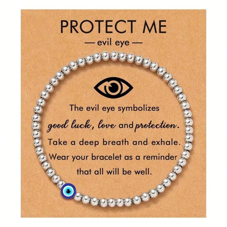 邪恶之眼幸运保护手链配祝福卡 - 银色串珠，可调节弹性，简约设计，适合妈妈、奶奶、女儿、姐妹 - 日常场合礼物，四季皆宜，日常手链 | 简约手链 | 弹性手链 - 銀色的 - 查看 1