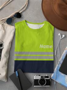 Customized Men's Work T-Shirt, Personalized Front & Back Text, Neon Green & Orange, Heavy All-Over Print Design, Regular Crew Neck Top, Suitable For Workplace, Events And Casual Wear