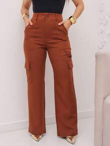 YING ZI Wide Leg Buckle Pocket Color Tailored Pants - nâu sẫm - Xem 4