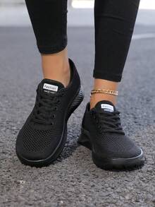 Women's Plus Size Breathable Mesh Sneakers, Soft & Comfortable Front Lace-Up Outdoor Running Shoes - Black - View 9