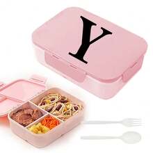 Caja de almuerzo de plástico con 3 compartimentos y patrón de 26 letras, de gran capacidad, apta para microondas, contenedor de almacenamiento de alimentos, caja bento portátil con cuchara y tenedor, adecuada para picnic, oficina, aperitivos - Rosa - Ver 33