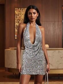 Sparkly Sequin Outfits For Women Y2K Shiny Cowl Neck Tank Tops Mini Ruched Bodycon Skirt Going Out Rave Club Party 2 Piece Clothes Set - 彩色 - 查看 4