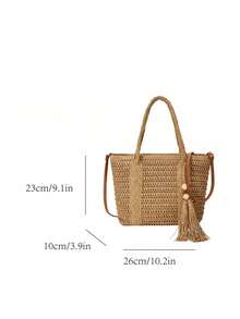 Fashionable Casual Straw Large Capacity Solid Color Shoulder Tote Bag For Women, Straw Tassel Decor Shoulder Crossbody Bag, Large Capacity Pocket Beach Bag