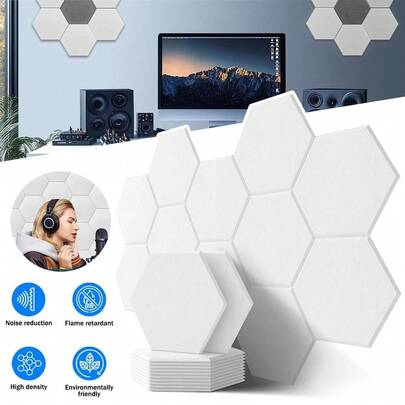12 PCS White Hexagonal Soundproof Panels Self-Adhesive Wall Decoration Stickers For Recording Studio Home Theater Office