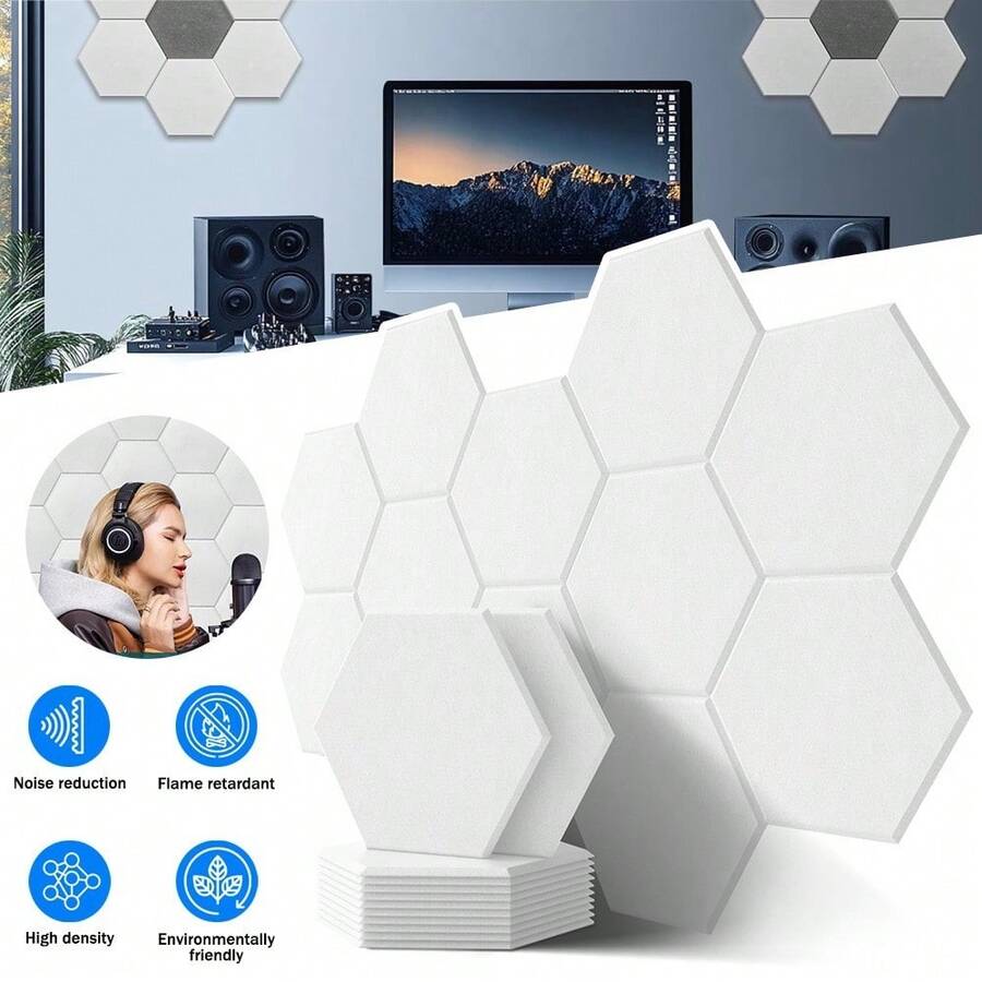12 PCS White Hexagonal Soundproof Panels Self-Adhesive Wall Decoration Stickers For Recording Studio Home Theater Office - White - View 1